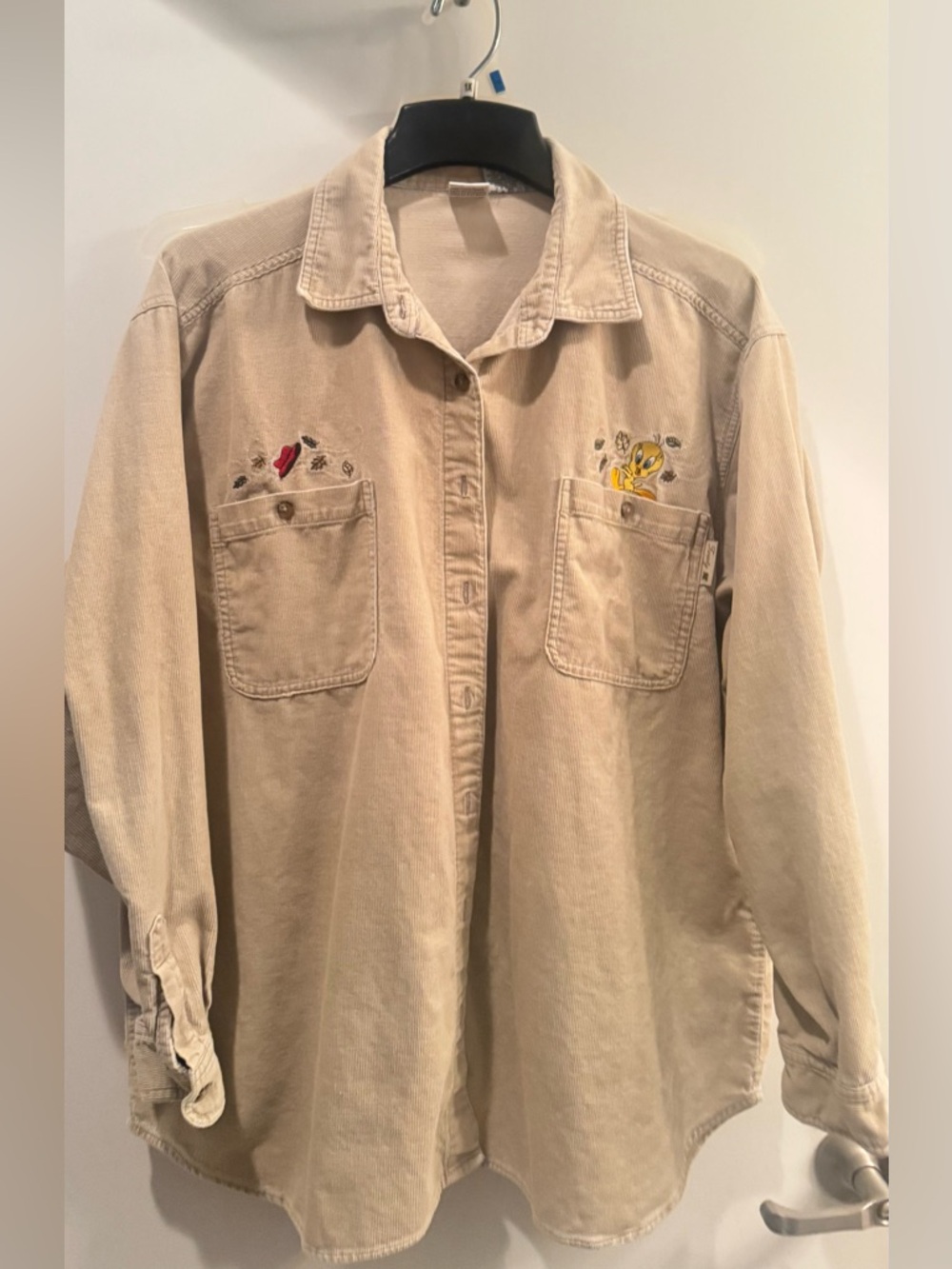 Warner Brothers Looney  Tunes Beige Embroidered Woman’s  Button-Up Shirt